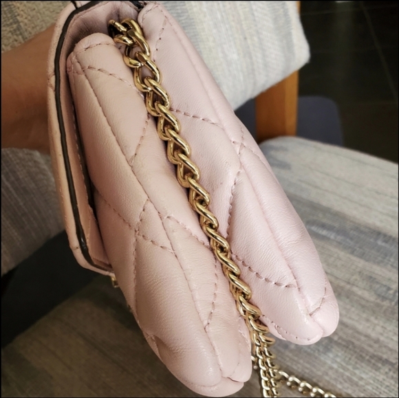 Michael Kors Sloan Pink Quilted Leather Clutch Gold Chain Messenger Crossbody - Picture 13 of 16